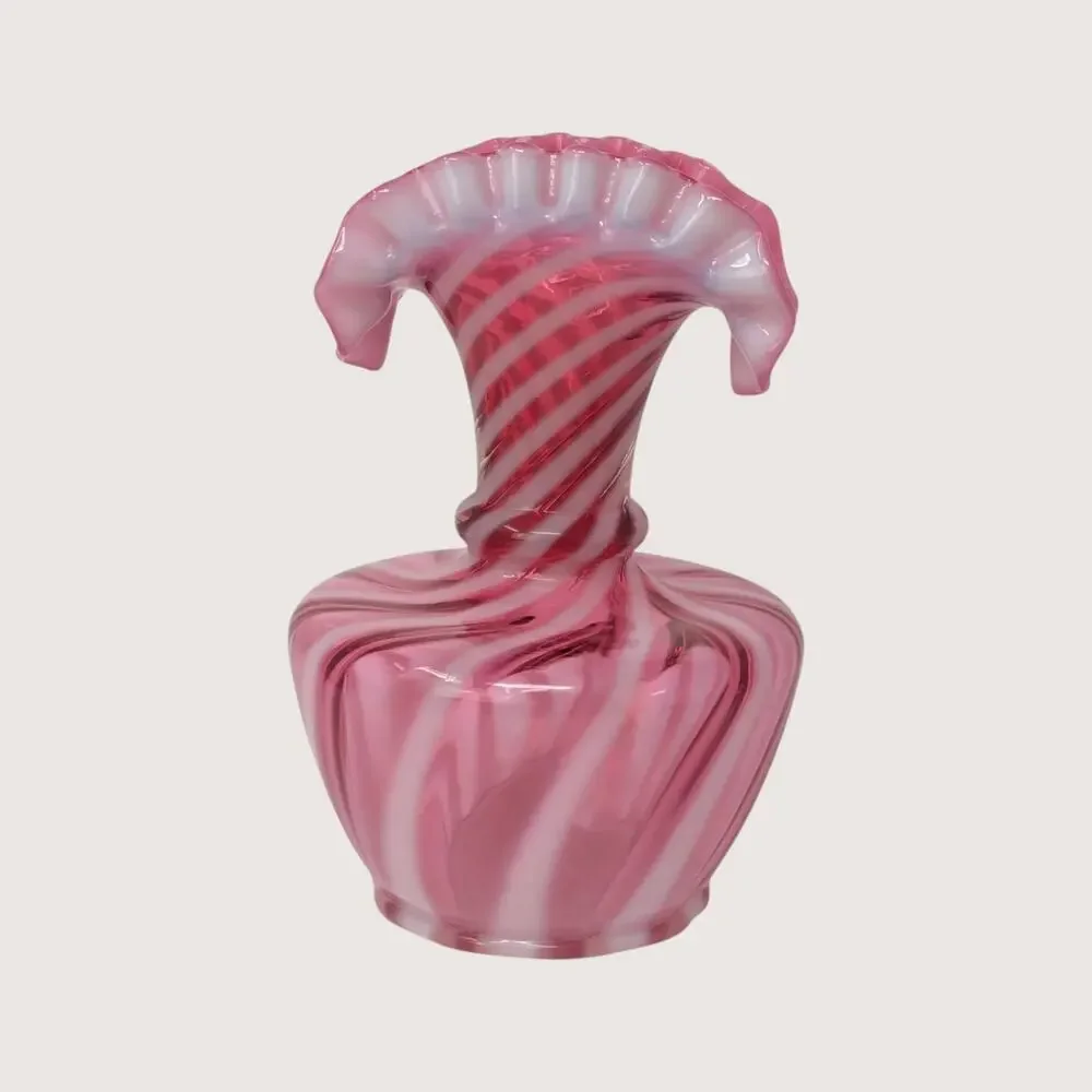 1940s Fenton Glass Pink Opalescent Spiral Swirl Double Crimped Fluted Fan Vase